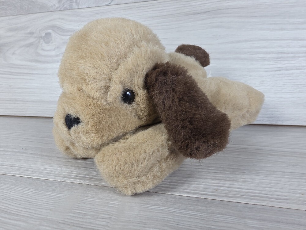 Vtg Walmart Puppy Dog 9" Plush Brown Black Tan Laying Down Hard Nose Eyes SU1